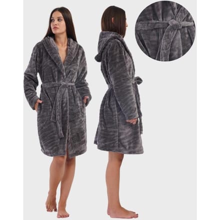 Damespluche badjas met capuchon en zakken M Comfortabel Met ceintuur Warm black