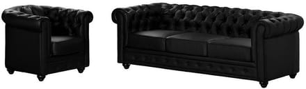 Vente-unique Driezitsbank en fauteuil CHESTERFIELD in kunstleer - Zwart