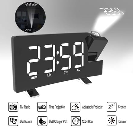 Réveil radio FM multifonction avec projection et port de chargement USB blanc