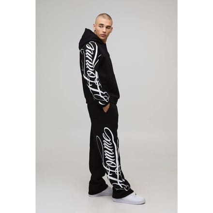 Oversized Boxy Homme Script Hoodie and Relaxed Split Hem Jogger Tracksuit | Black | Size Small