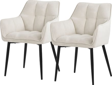 ML-Design eetkamerstoelen set van 2 in badstof, crème, keukenstoel met dikke gestoffeerde zitting en metalen poten, woonkamerstoel met rugleuning en armleuningen, ergonomische loungestoel