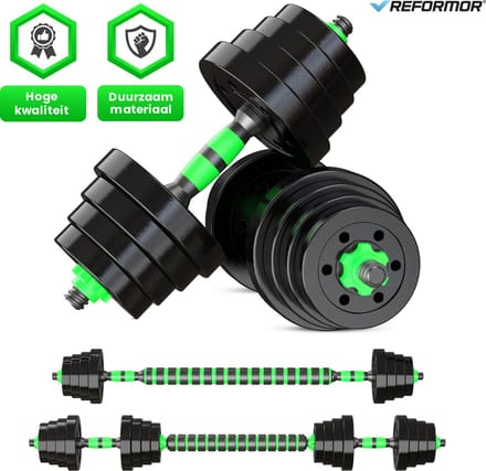 Reformor® - Halterset - Dumbells Set - Verstelbare Dumbells – 20KG - Halterstang Met Gewichten - Groen