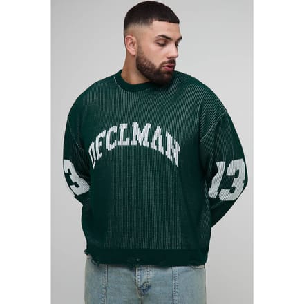 Plus Ribbed Knit Oversized Distressed Varsity Jumper | Forest | Size 2XL
