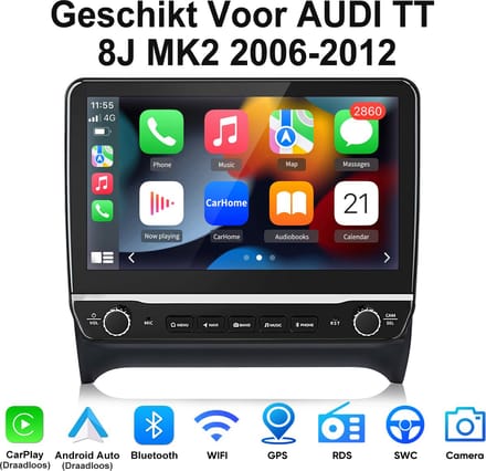 Junsun Android 15 Autoradio Geschikt Voor AUDI TT 8J MK2 2006-2012 Accessoires, 2GB+32GB, Draadloze CarPlay & Android Auto, DAB+, GPS-Navigatie, Bluetooth, WiFi, 10.1-inch HD Touchscreen, DSP, FM, USB, Quad-core processor
