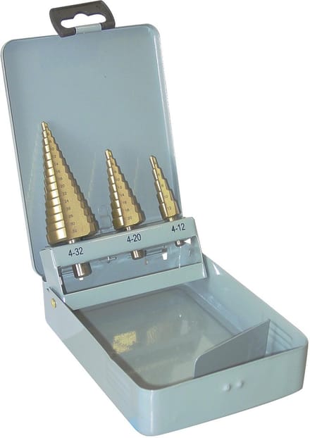 Getrapte Plaatboren Set 3 Delig 4-12 / 4-20 / 4-32 mm – HSS Titanium Gecoat – Metalen Opbergkoffer – TOOLTECH