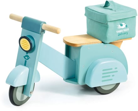 Tender Leaf houten ride-on delivery scooter speelgoed met canvas tas.