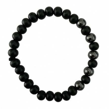 Armband - natuursteen - hout - zwart - 5 Hematite stenen - 8 mm 21 cm