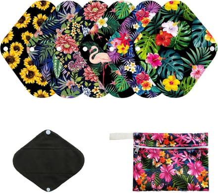 7-Delige Set Herbruikbare Menstruatiepads met Bamboe Houtskool - Inclusief Opbergtas