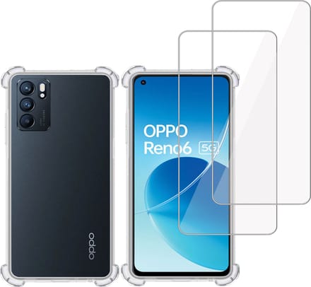 Hoesje + 2x Screenprotector geschikt voor OPPO Reno 6 – Tempered Glass - Extreme Shock Case Transparant