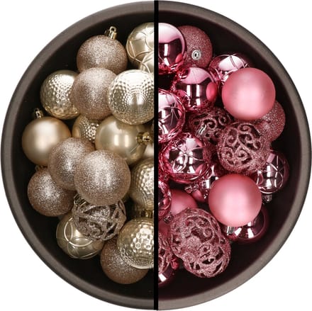 Decoris Kunststof kerstballen 74x stuks - champagne en roze - 6 cm - onbreekbaar - mix kleuren