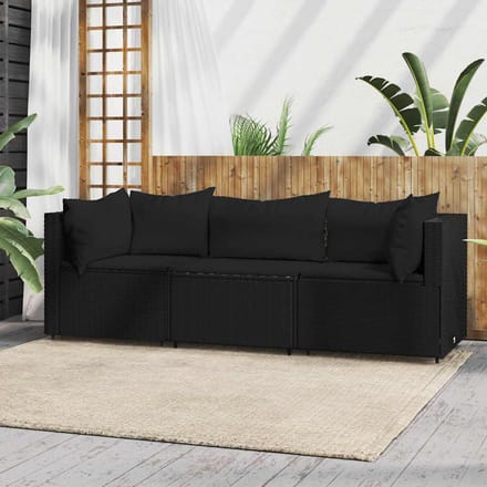 vidaXL - 3-delige - Loungeset - met - kussens - poly - rattan - zwart
