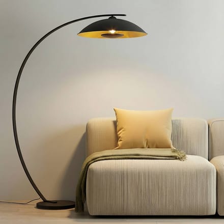 Lindby gebogen vloerlamp Emilienne, zwart, goudkleurig, 180 cm