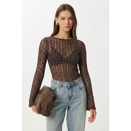 Kant Crew Neck Lange Mouwen Blouse