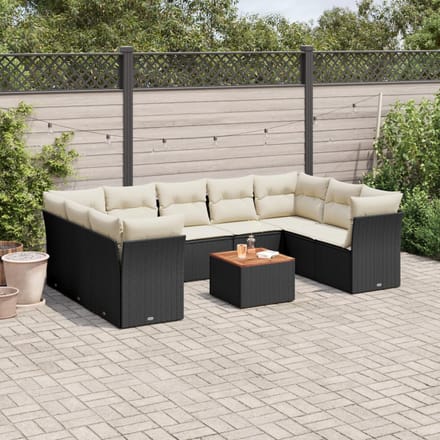 vidaXL - 10-delige - Loungeset - met - kussens - poly - rattan - zwart