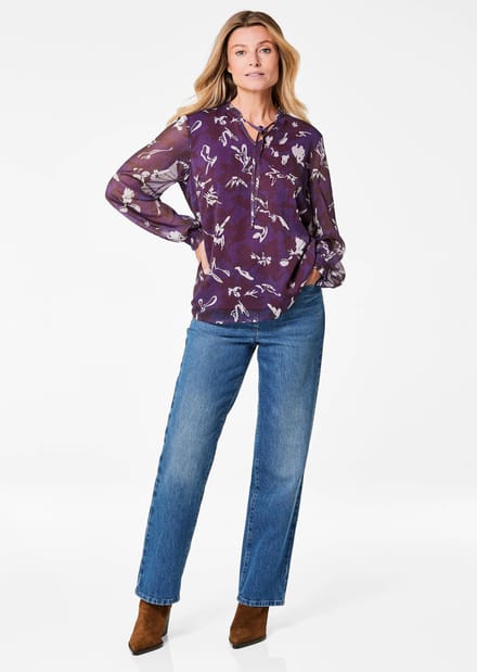 Chiffon blouse met elastische manchetten - bessen / gedess. - Gr. 25 van Goldner Fashion