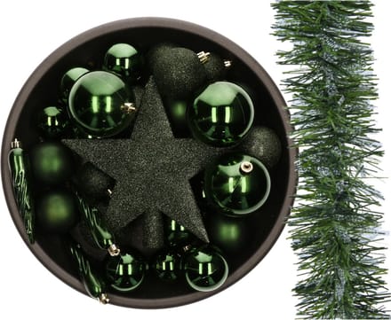 Kunststof kerstballen - 33x st - met slinger en ster piek -donkergroen