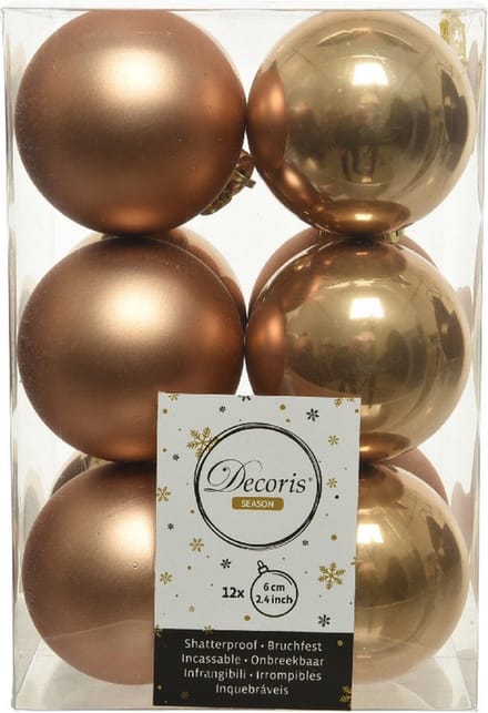 Decoris Kerstballen - 12x st - camel bruin - D6 cm - kunststof - mat/glans - kerstversiering