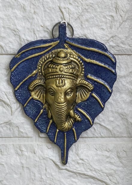 Blue & Golden Lord Ganesha Face on leaf Wall Hanging