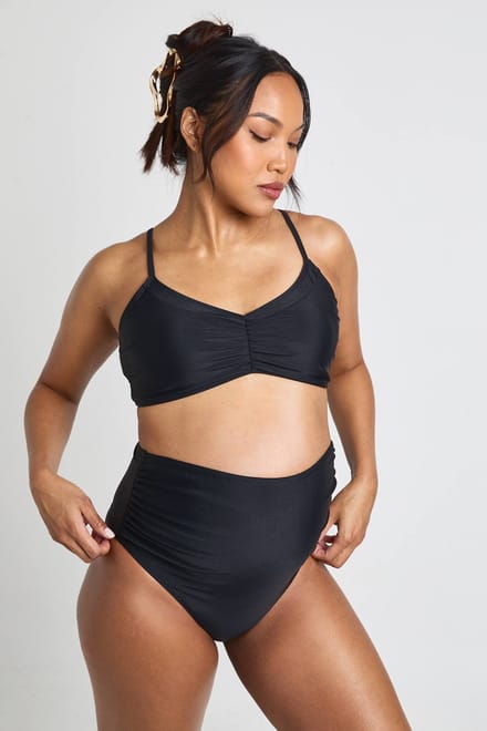 boohoo Dames Zwangerschaps Hoge Taille Gerimpelde Bikinibroek | Zwart | Maat: 38
