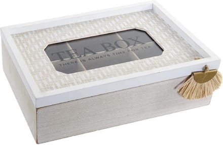 Items Theedoos - 6-vaks - white wash - hout - 24 x 16 x 7 cm - Theezakjes bewaardozen