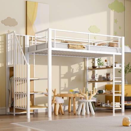 REDOM Bedframe 90x200 cm – Hoogslaper met trap, kleerkast & opbergruimte – Metaal/MDF – Wit