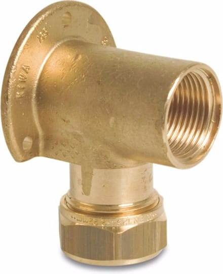 Bonfix Muurplaat 90° messing 15 mm x 1/2" knel x binnendraad KIWA/GASTEC