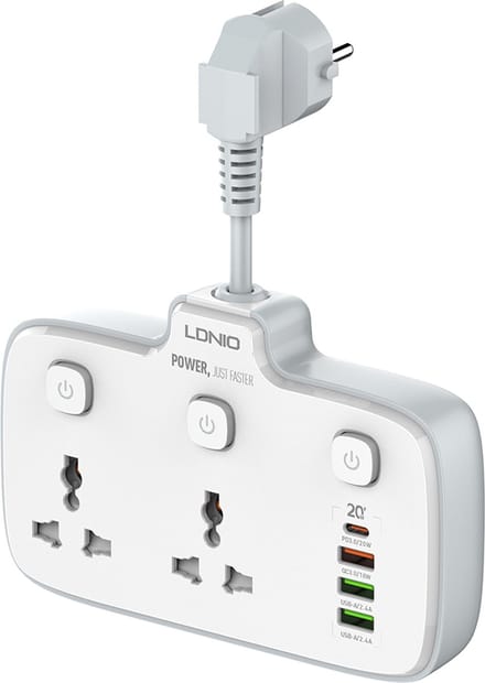 LDNIO SC2413 2 voudig internationale stopcontact 2500W splitter met 3x USB-A, 1x USB-C