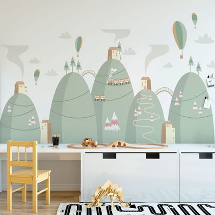 Scandinavische bergstickers met heteluchtballonnen in de stad, 100 x 150 cm