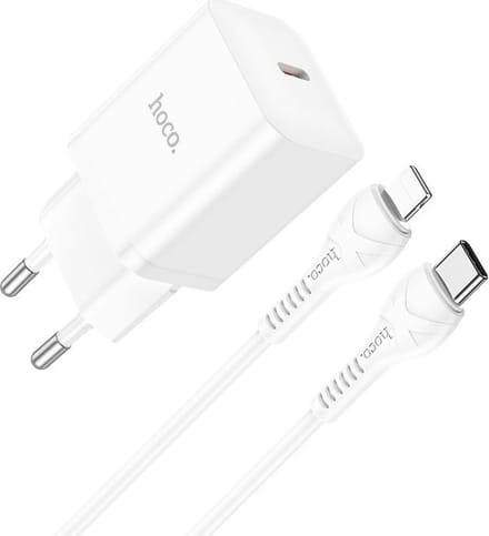 Hoco 20W Power Delivery USB-C Snellader - Geschikt voor iPhone 14, 13, 12, 11 - Lightning Kabel 1M - Wit