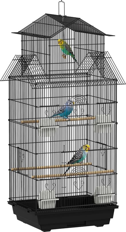 Pawut vogelkooi design huisvoederbakken zitstokken 3 deuren lade verwijderbaar uitwerpselen + handvat transport 50,5x41 x cm zwart