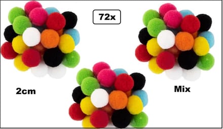 72x Pom Pom 2cm assorti kleuren - Themafeest party accessoires