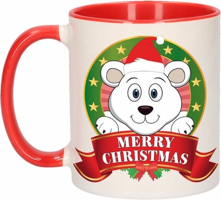 Kerst beker / mok - rood met wit - 300 ml keramiek - IJsbeer print