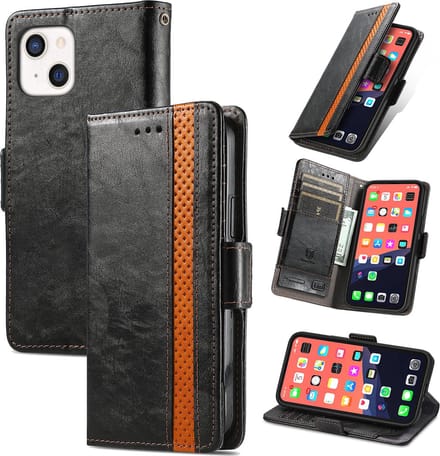 Stijlvol Tweekleurig PU-leer Wallet Flip Case voor iPhone 13 Mini _ Zwart