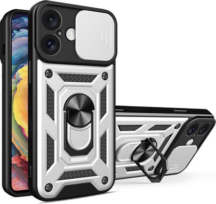 MobyDefend Hoesje - Geschikt voor iPhone 16 Plus - Pantsercase Met Draaibare Ring - Zilvergrijs