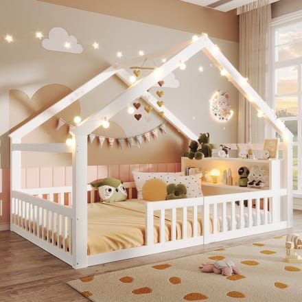 Kinderbed - 140 x 190 cm - Met Hek en LED Verlichting - Huisframe - Grenenhout - Wit
