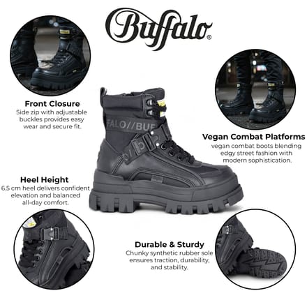 Buffalo Dames Zwarte Chunky Platform Hoge Enkel Combat Boots - ASPHA-COM1