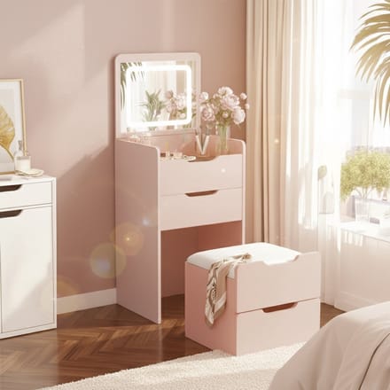 MAZAZU Kaptafel met Spiegel en Verlichting - Make-up Tafel met LED - Krukje - Roze - 120 cm