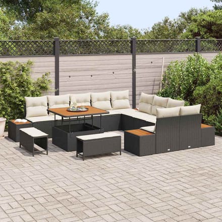 vidaXL - Tuinbank - Set - 13 - st - 12-zits - Zwart - Poly - rattan
