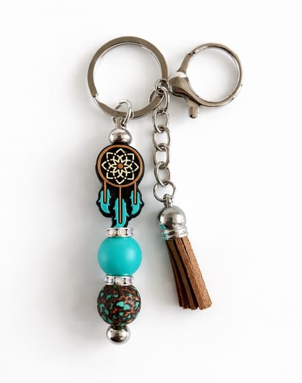 Sleutelhanger, tashanger met kralen en kwastje | bruin, teal | dromenvanger