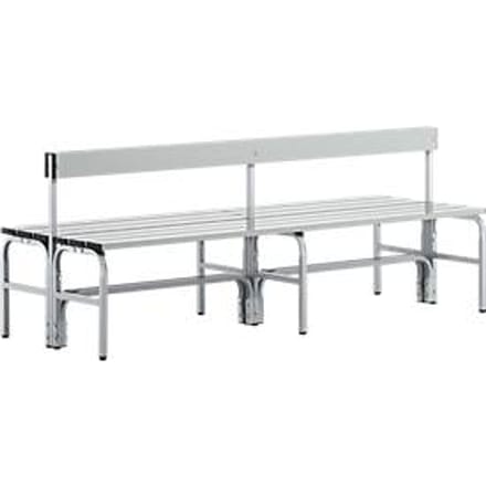 Kleedkamerbank, rvs buis/aluminium, dubbel met rugleuning, L 2000 mm, blank aluminium