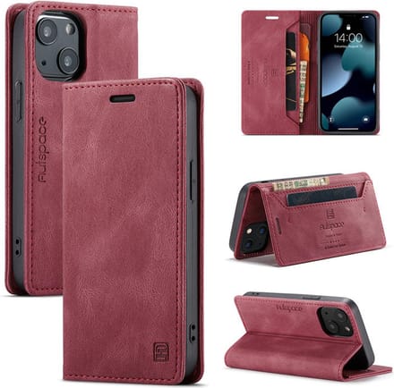 Luxe Flip Case met RFID Bescherming Kaarthouder en Magneetsluiting voor iPhone 13 Mini / 12 Mini _ Wijnrood