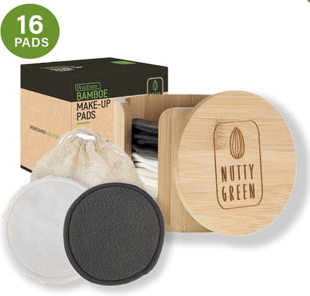 Nutty Green Wattenschijfjes (16 stuks) - Herbruikbaar - Hypoallergeen Bamboe - Make Up Remover Pads - Basic Watjes - Charcoal Watten