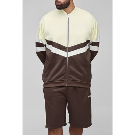 Plus Men's Tricot Colour Block Trekkraag Jas & Oversized Korte Set | Brown | Size 3XL