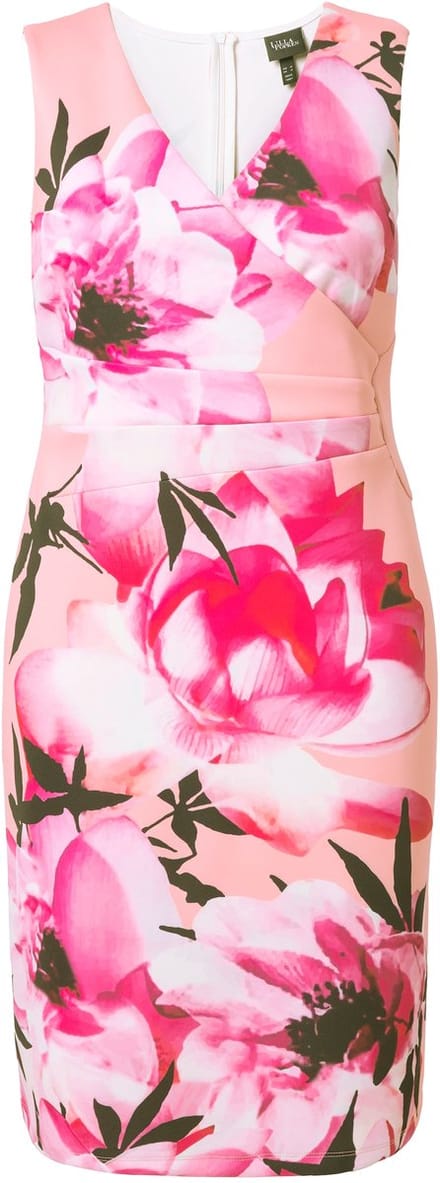 Ulla Popken - Dames - Scuba jurk mouwloos bloemen gedrapeerd - Lichtkoraal - Maat 56