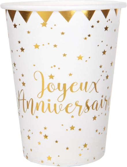 SANTEX - 10 Kartonnen Happy Birthday Bekers Metallic Wit en Goud 7,8 x 9,7 cm Sterren