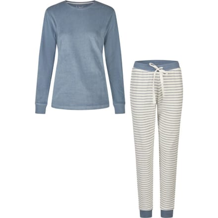 By Louise Dames Winter Pyjama Set Lang Badstof Blauw/Wit Gestreept - Maat L