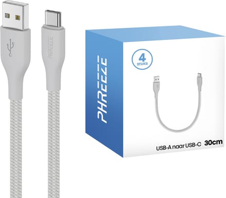 Usb A naar C kabels - 4 pack - Kort, stevig, nylon - Opladen & data - Usb C kabels - Phreeze