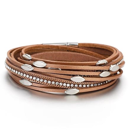 Armband Dames - Leren Wikkelarmband - 18,5cm - Bergkristal - Goudkleurig