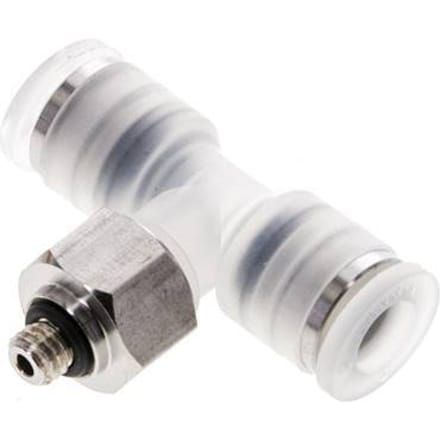 6mm x M 5 inline T-stuk PA/RVS Insteekfitting Buitendraad FDA Draaibaar EPDM