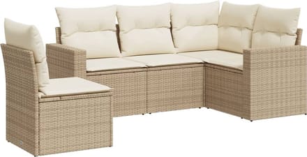vidaXL - 5-delige - Loungeset - met - kussens - poly - rattan - beige